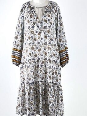 Cleobella White Dress with Blue and Mustard Floral Print, size Small